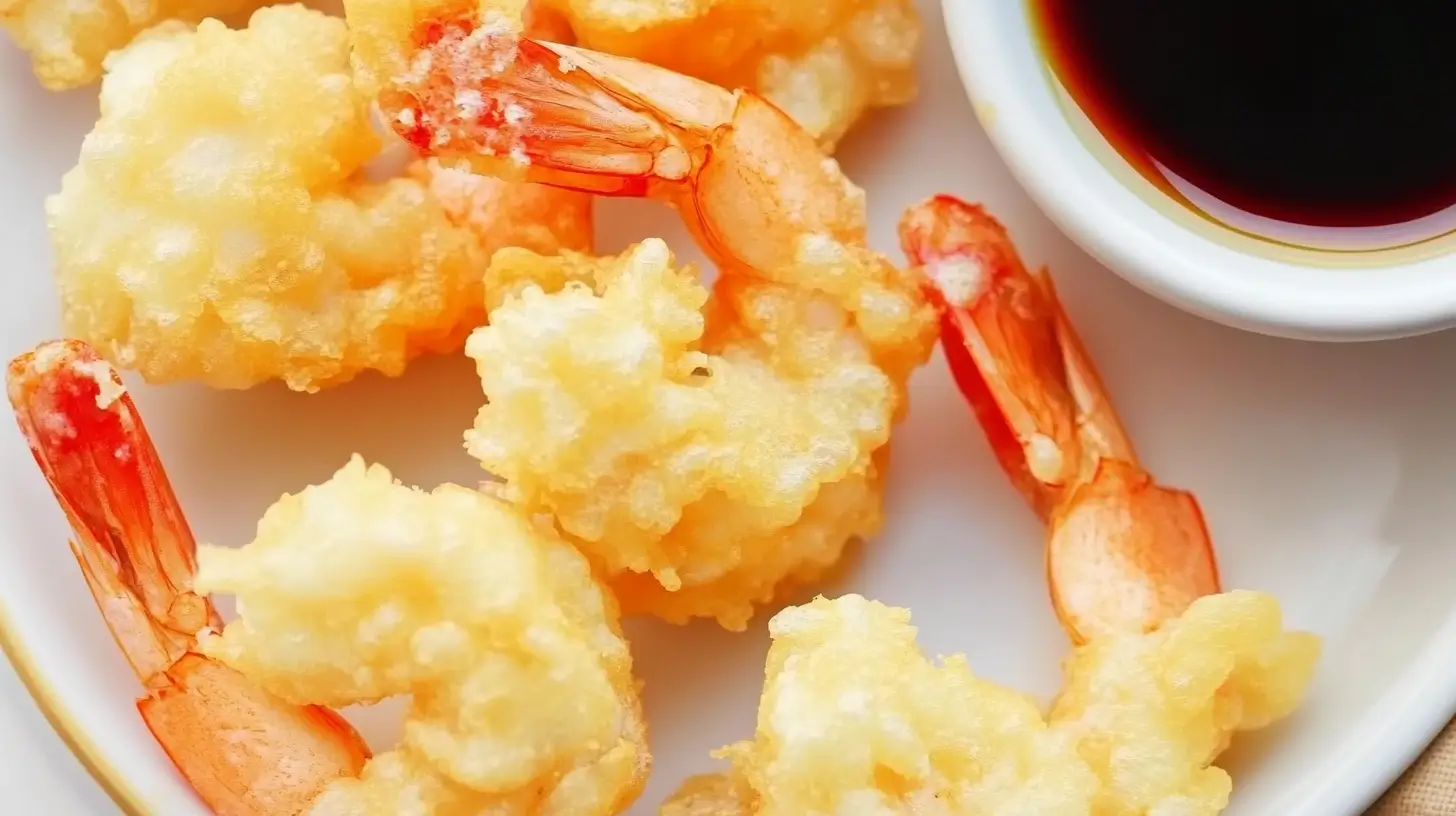 Crispy shrimp tempura served with a soy-based dipping sauce.