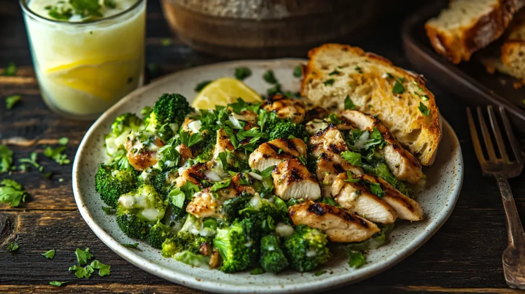  A plate of Bodacious Broccoli Salad served with grilled chicken.