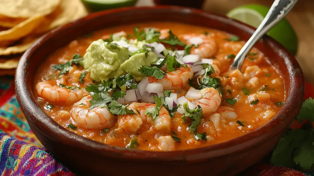 A creamy Mexican shrimp cocktail with a rich tomato-avocado base, garnished with fresh shrimp, cilantro, diced onions, and a drizzle of Mexican crema, served with tostadas and lime wedges.