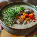 Creamy vegan mushroom soup in rustic bowl with herbs
