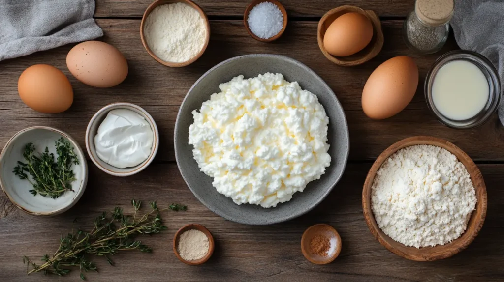 A top-down view of ingredients for fluffy cottage cheese cloud bread, including eggs, blended cottage cheese, cream of tartar, salt, and optional sweet and savory add-ins.