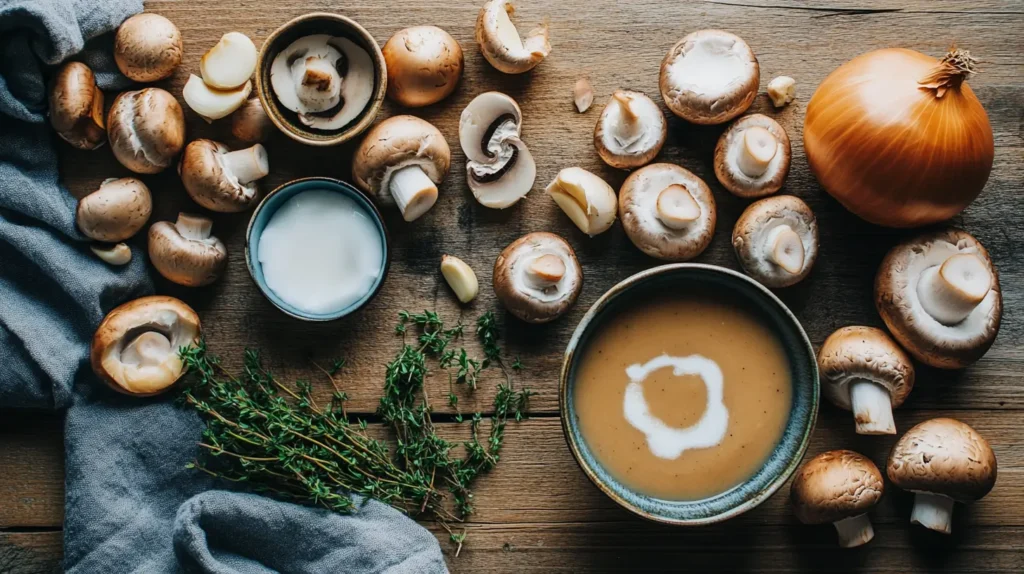 Flat lay of vegan mushroom soup ingredients
