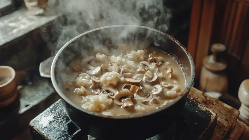 Mushrooms and onions cooking in a pot