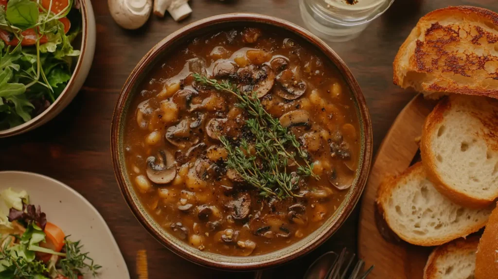  Vegan mushroom soup served with bread and salad