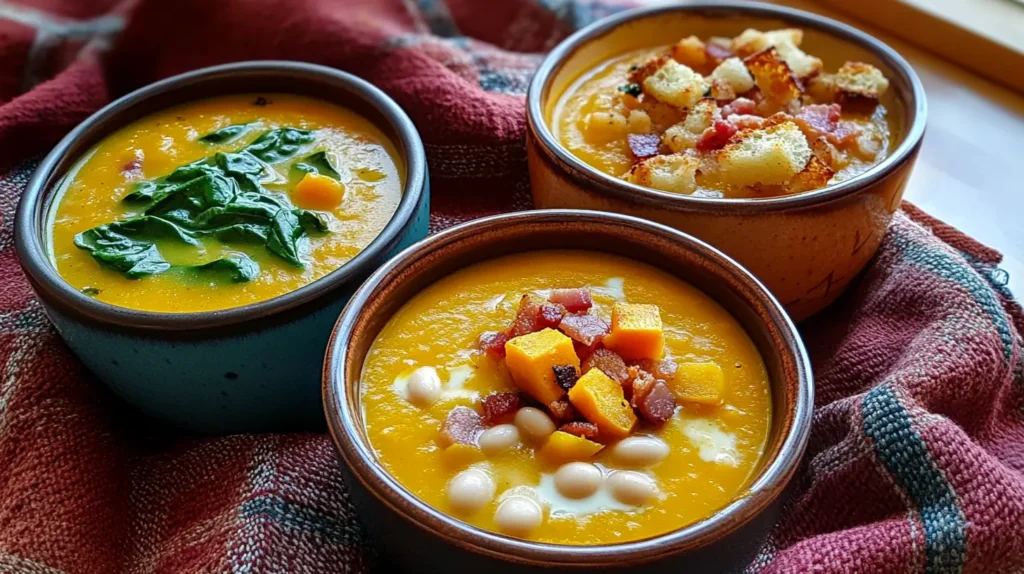 Different styles of autumn squash soup