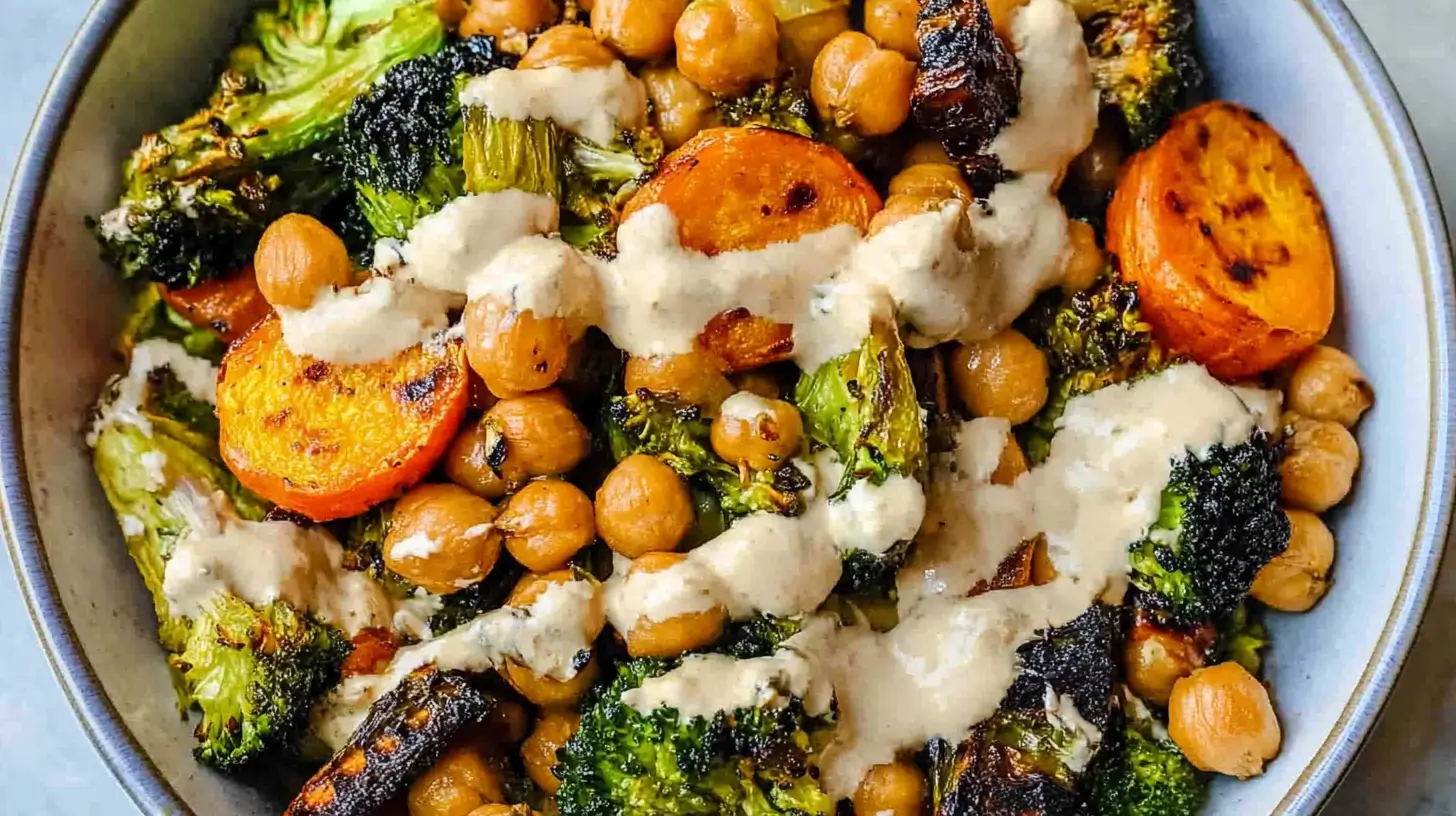 Roasted vegetables with chickpeas, broccoli, Brussels sprouts, and sweet potatoes drizzled with creamy dressing in a white bowl.