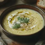 Creamy asparagus soup served with dill and bread