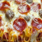 Close-up of cheesy pizza pasta casserole with pepperoni