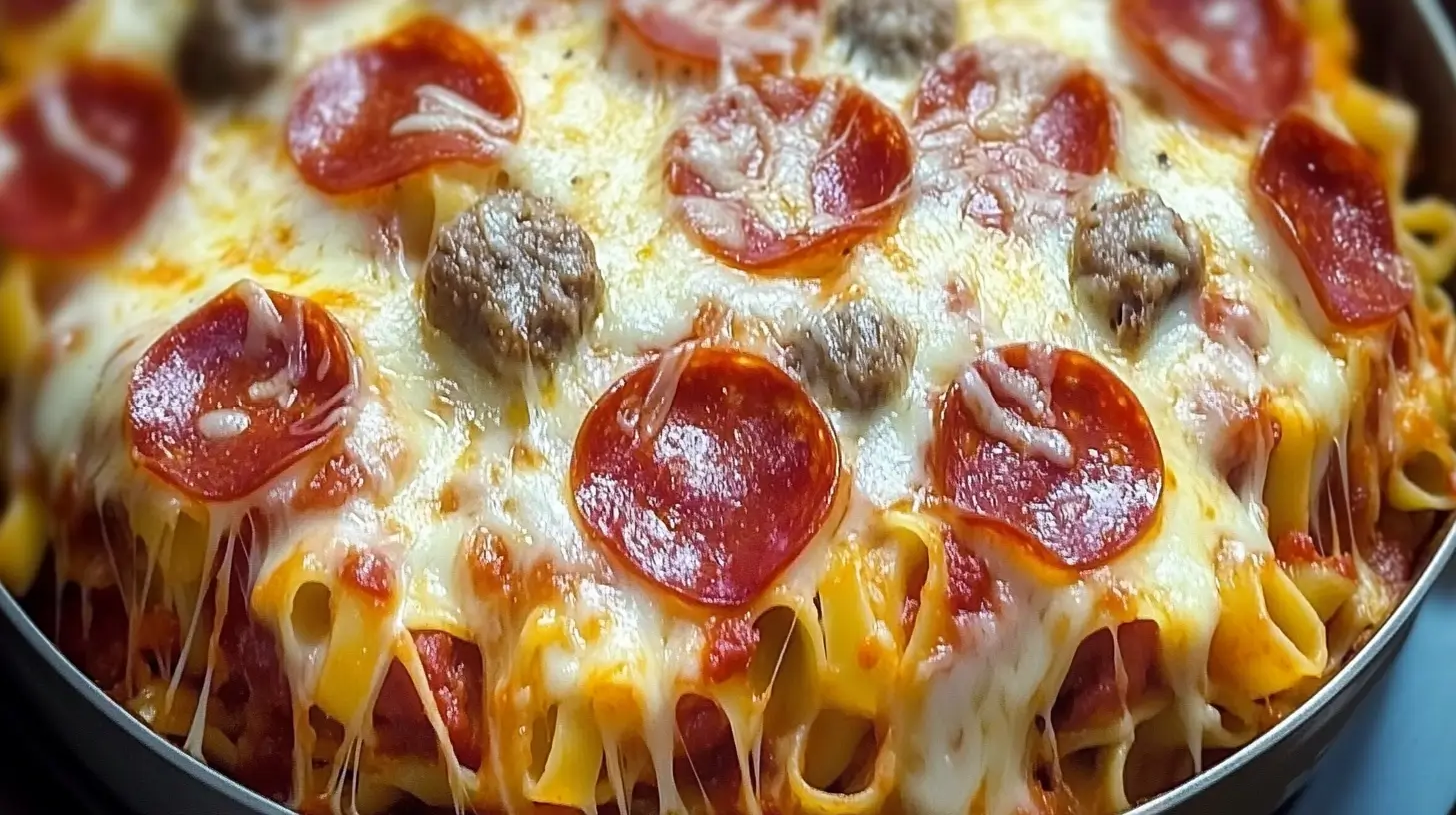 Close-up of cheesy pizza pasta casserole with pepperoni