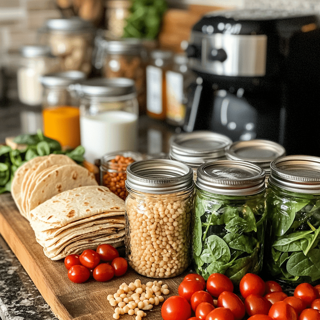 Ingredients for lazy girl lunch ideas including canned foods, wraps, and greens