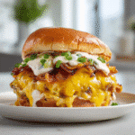 Crack Burger stacked with cheese, bacon, and sauce on a toasted bun.