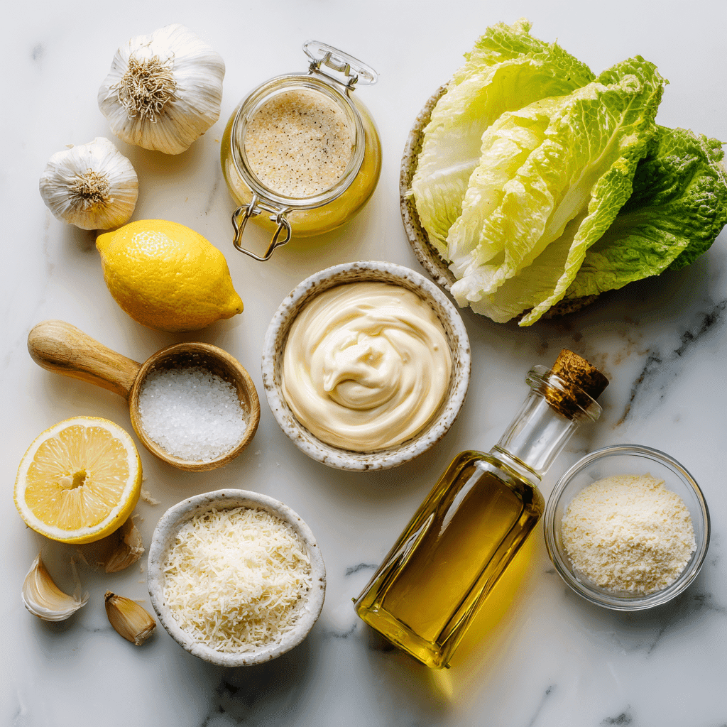 Fresh ingredients for Homemade Caesar Salad Dressing on marble counter