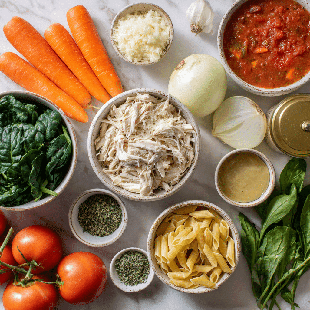 Fresh ingredients for Italian Penicillin Soup arranged on a kitchen counter