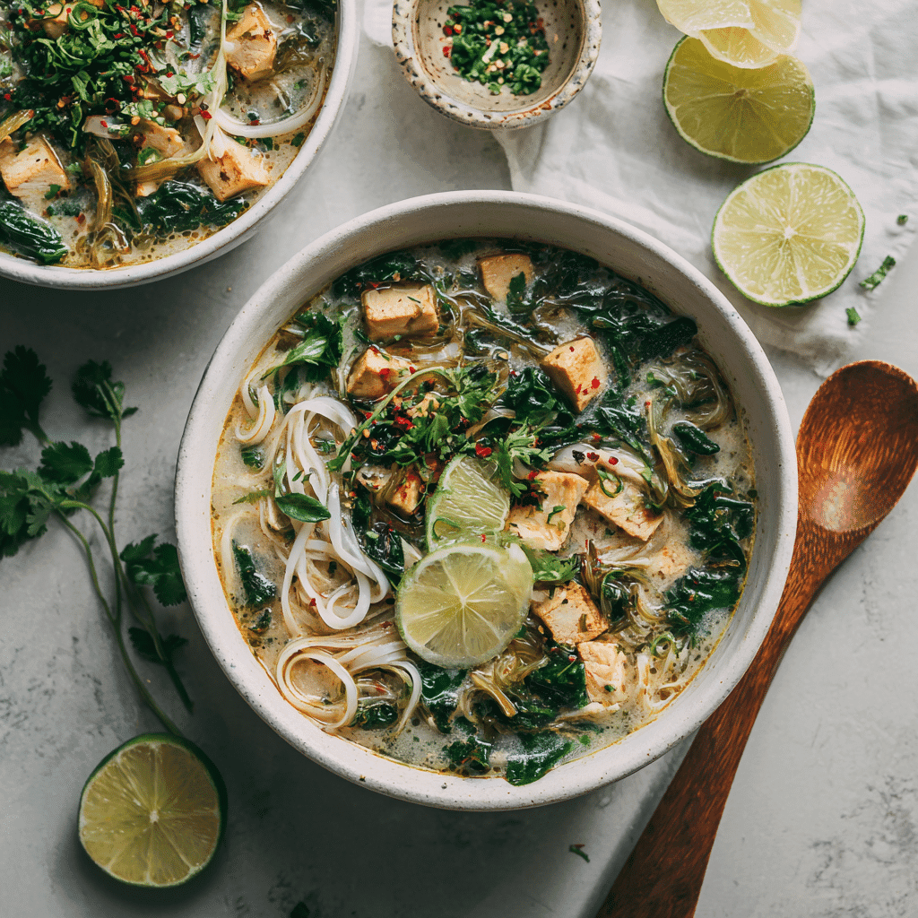 Two bowls of Thai chicken soup with different toppings and variations