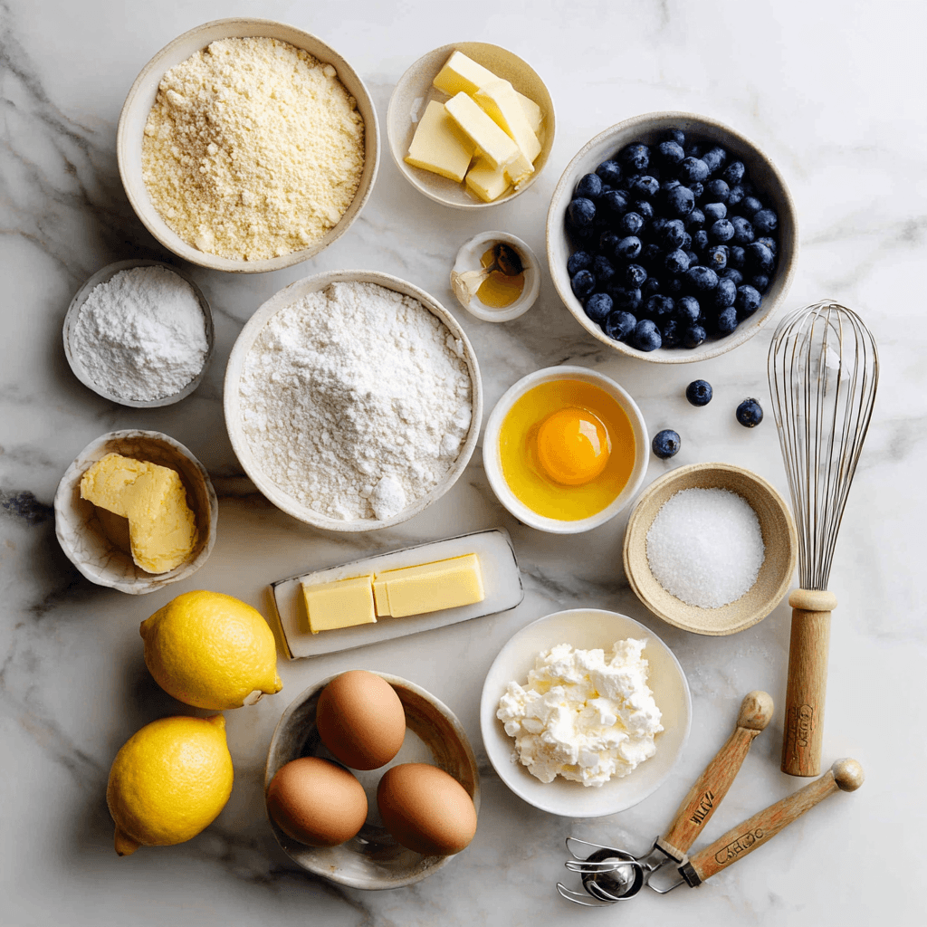 Ingredients for lemon blueberry sheet cake on a marble counter