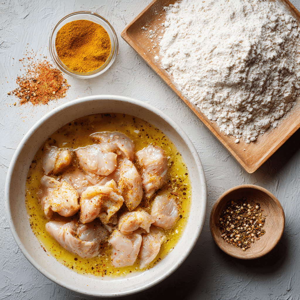 Chicken marinating in buttermilk and seasoned flour for frying