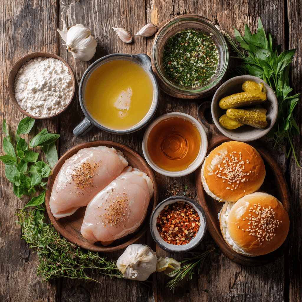 Ingredients for making hot honey chicken sandwich