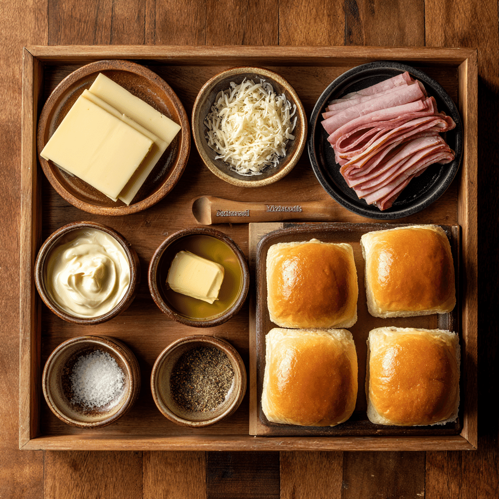 Ingredients for Ham and Havarti Cheese Sliders laid out