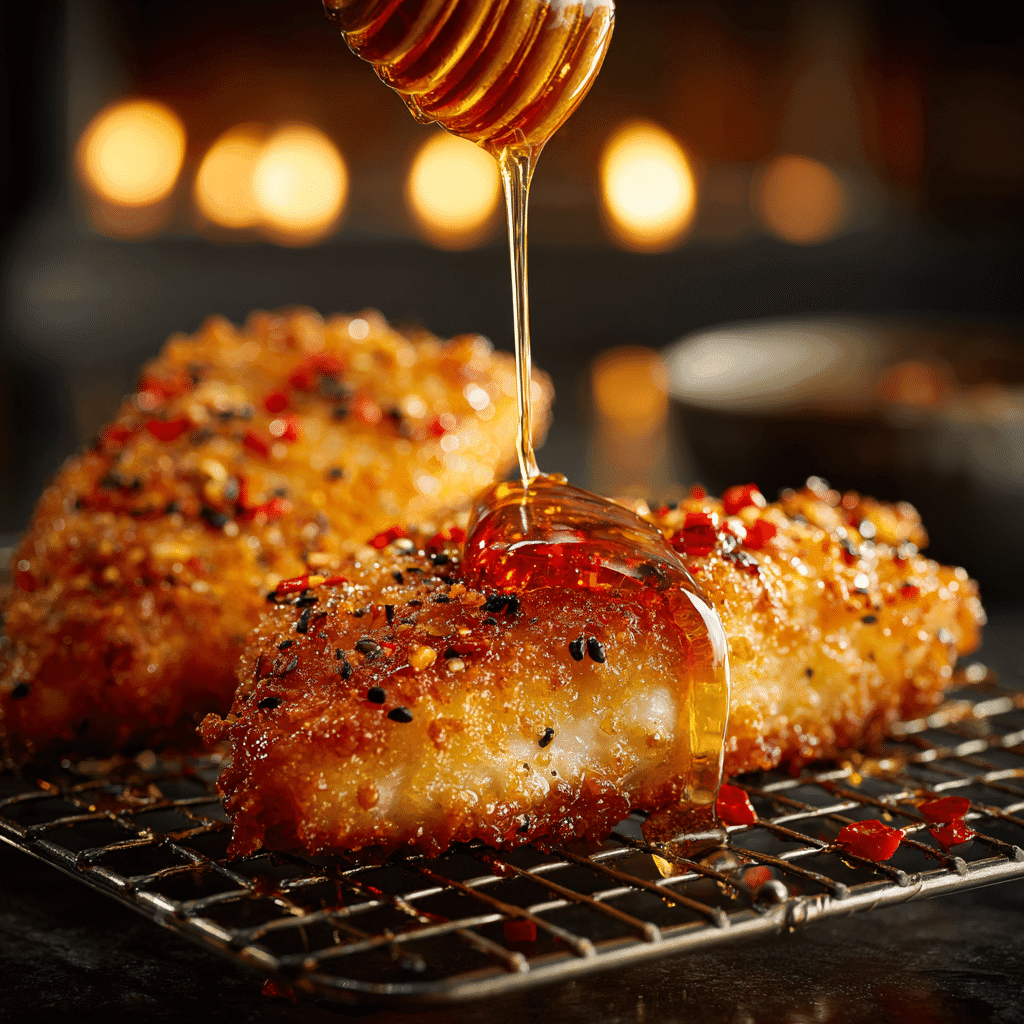 Fried chicken breast being drizzled with hot honey