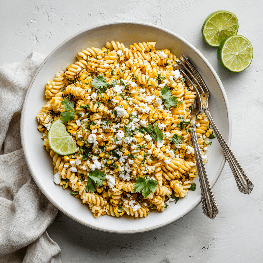 Bowl of Healthy Street Corn Pasta Salad ready to serve