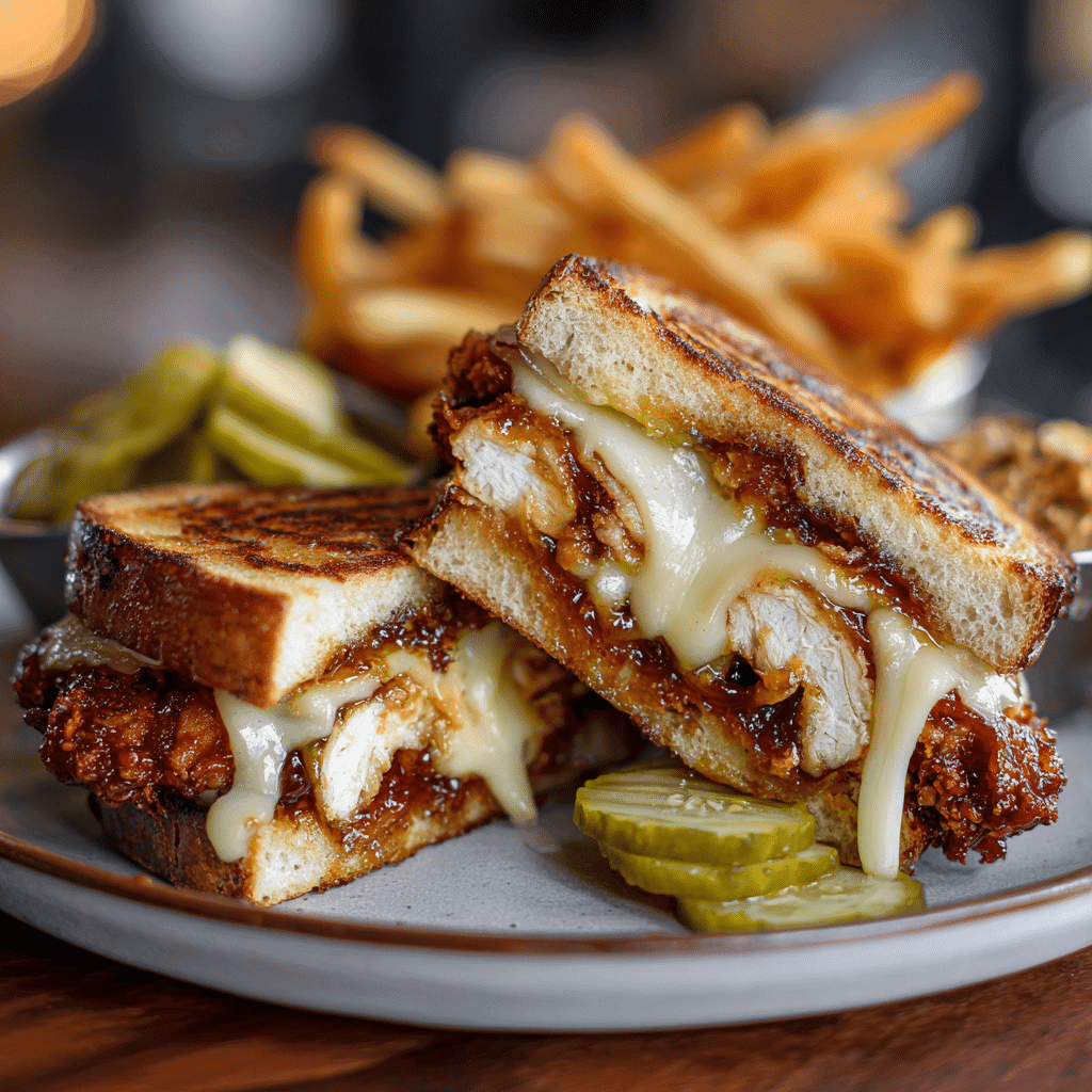 Hot honey chicken sandwich sliced and served with pickles