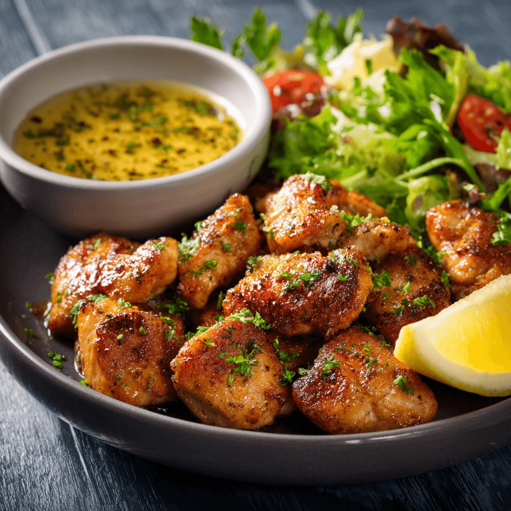 Juicy baked chicken bites served with sauce