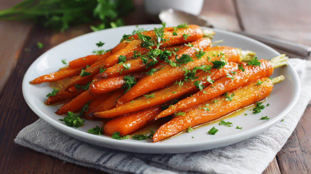 Honey Dijon carrots with fresh herbs served on plate