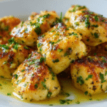 Garlic Butter Chicken Bites on white plate with parsley garnish