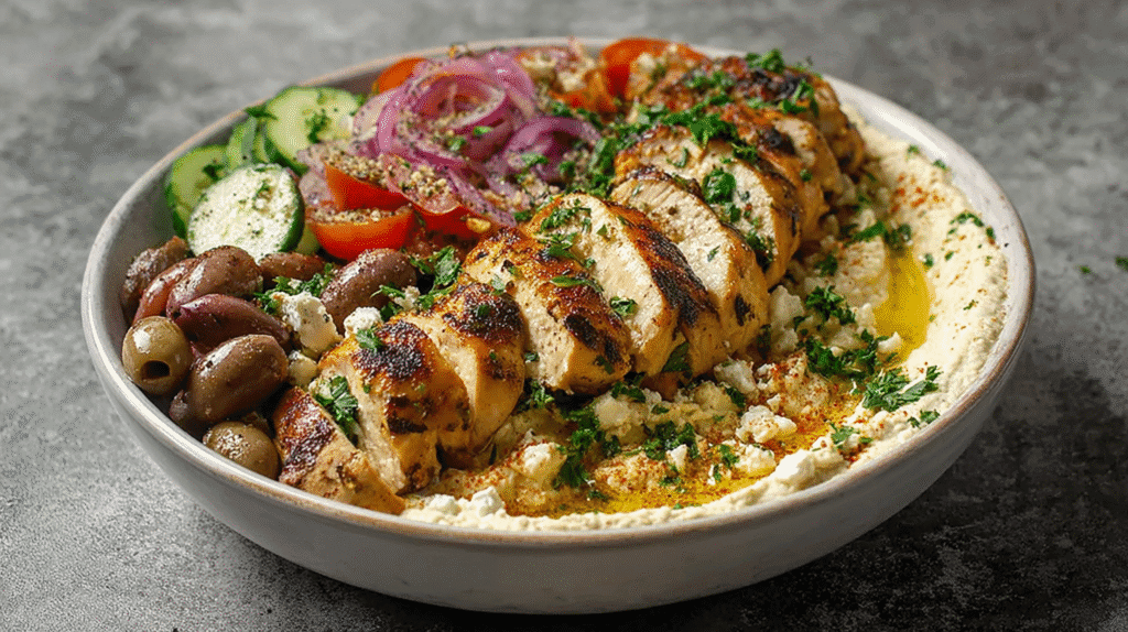 Mediterranean chicken bowl with grilled chicken, hummus, cucumber, cherry tomatoes, red onion, herbs, and whole grains in a white bowl