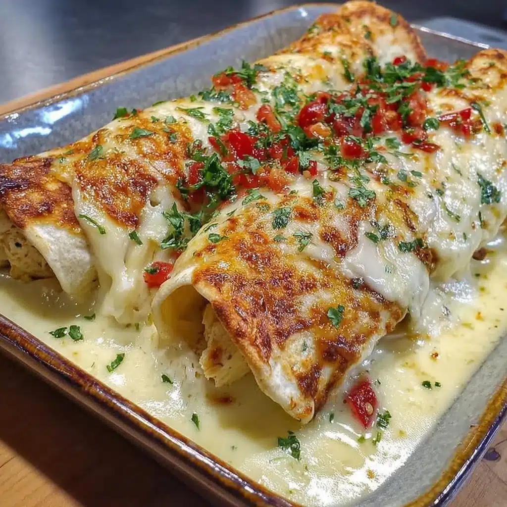 Creamy white chicken enchiladas topped with cheese and herbs