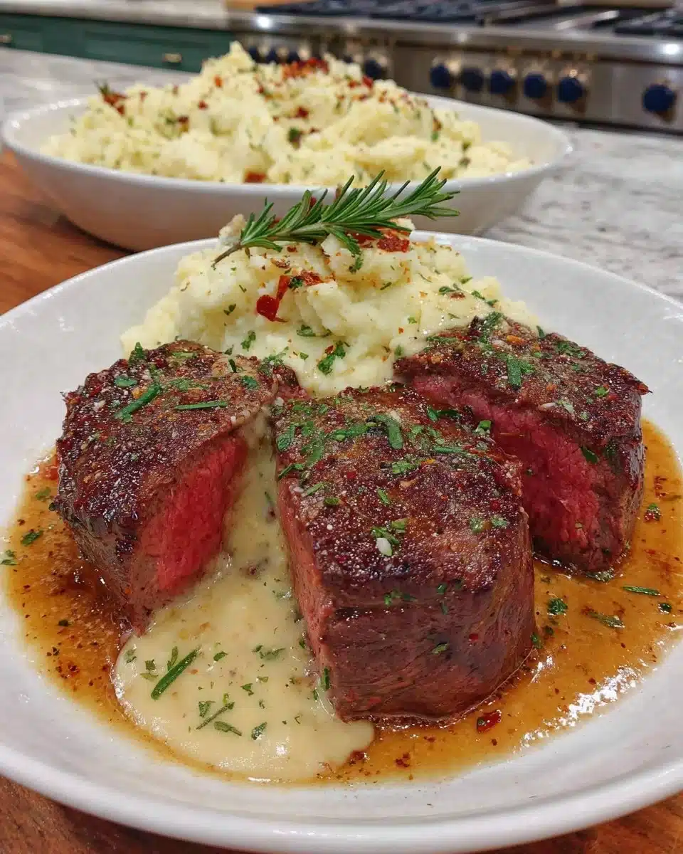 Cooked air fryer beef tenderloin sliced and served on a plate.