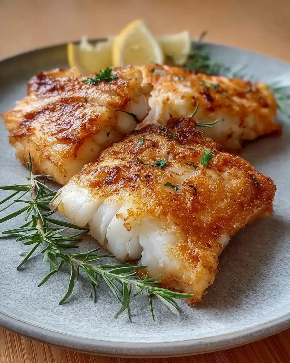 Deliciously cooked air fryer cod served on a plate with herbs.