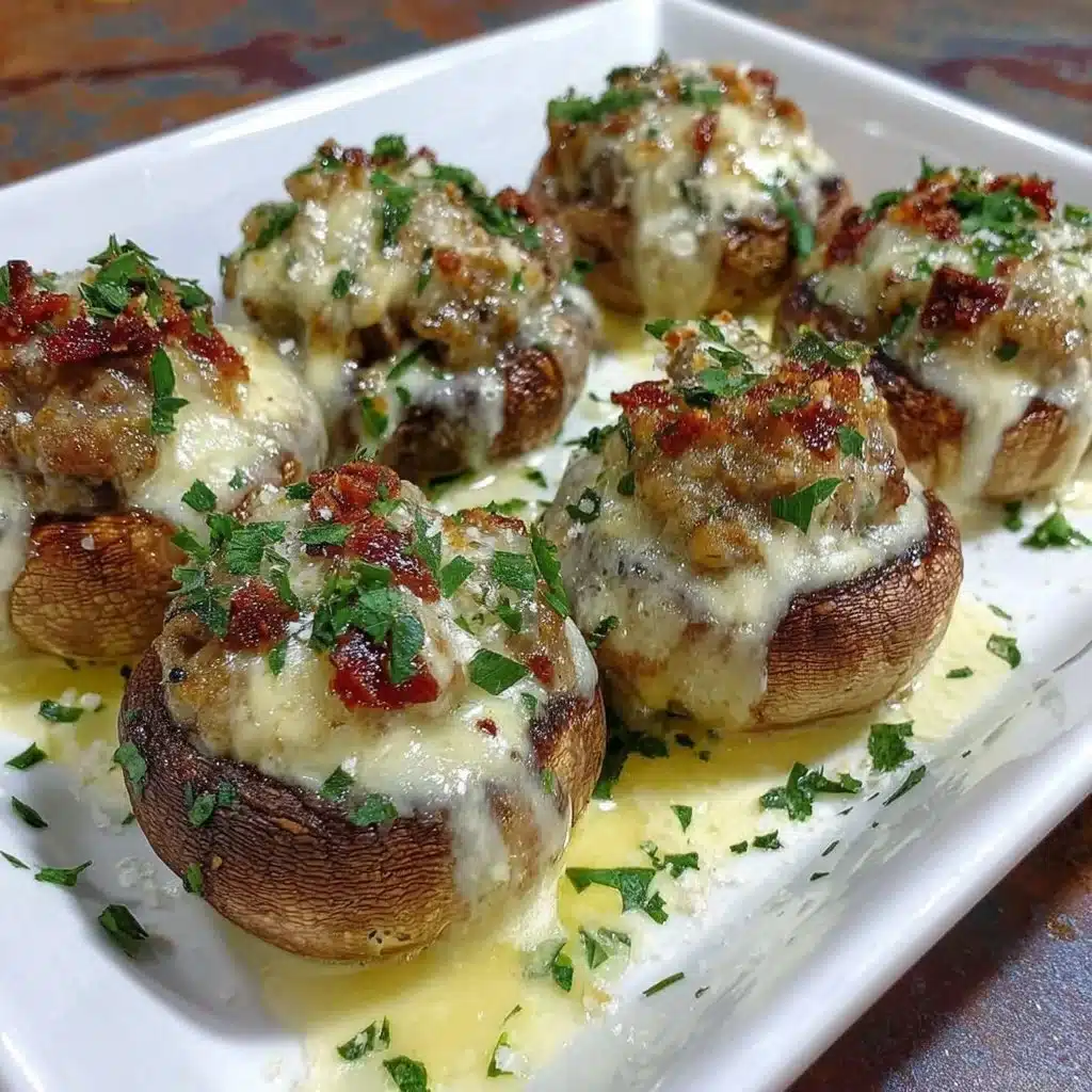 Air Fryer Sausage Stuffed Mushrooms topped with herbs and cheese