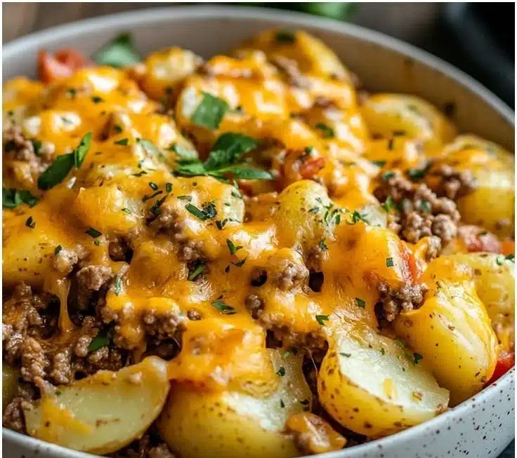 Cheesy ground beef and potato casserole topped with melted cheese