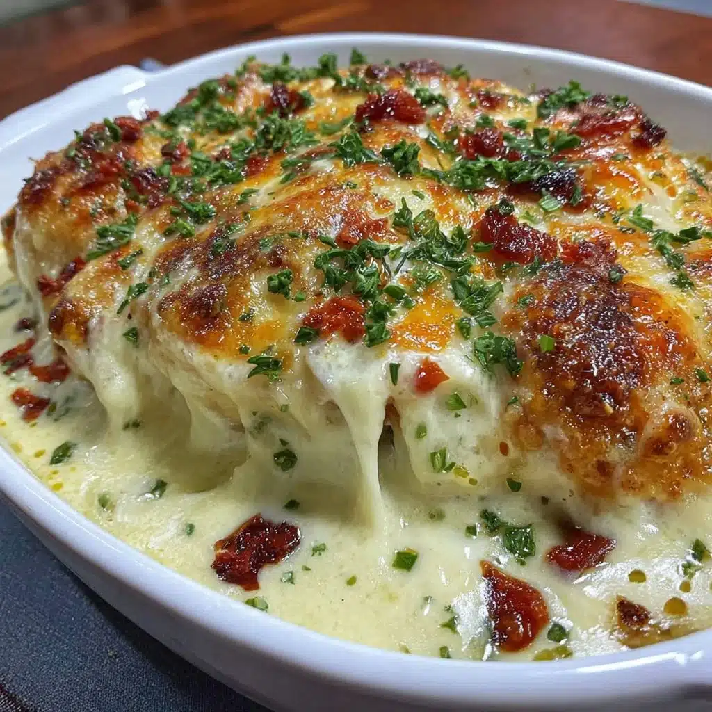Creamy chicken casserole served in a baking dish
