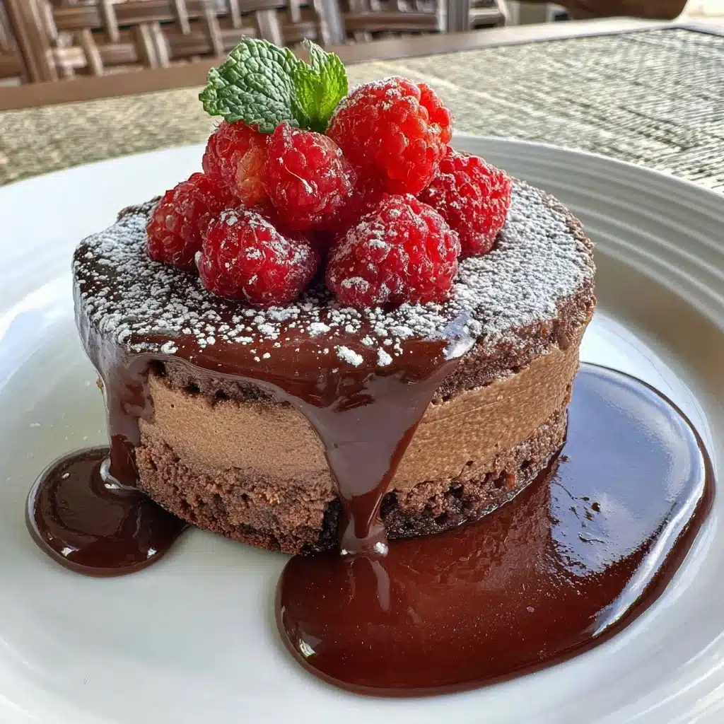 Dark Chocolate Raspberry Mousse Cake topped with fresh raspberries and chocolate shavings