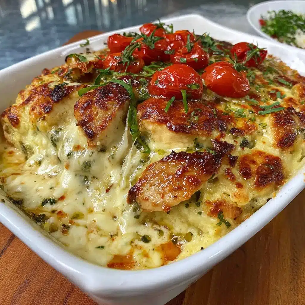 Delicious chicken casserole with spinach and cream cheese in a baking dish.