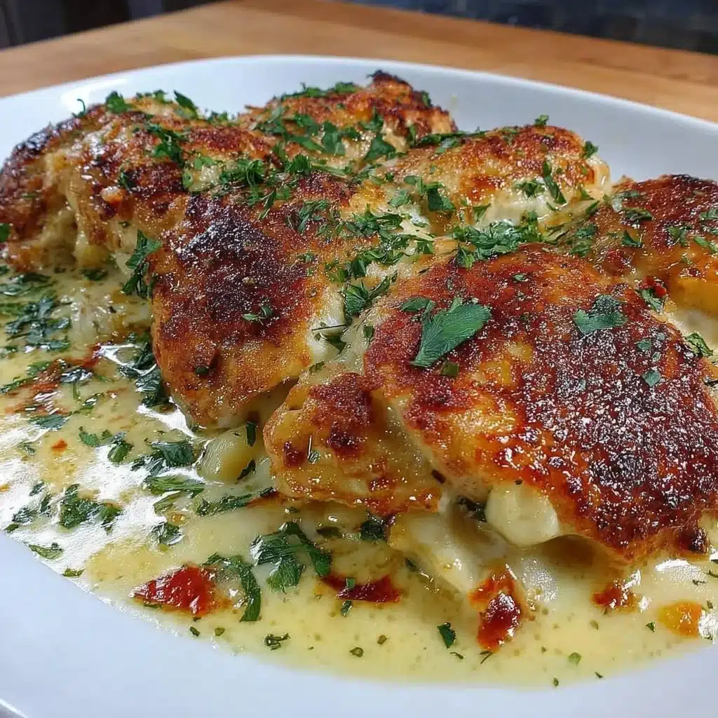 Easy Garlic Parmesan Chicken Bake served on a plate with herbs and cheese.