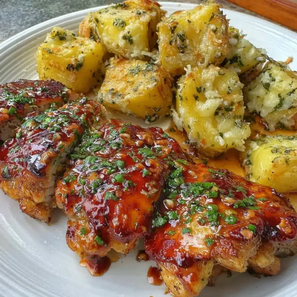 Honey BBQ Chicken served with Garlic Parmesan Potatoes on a plate.