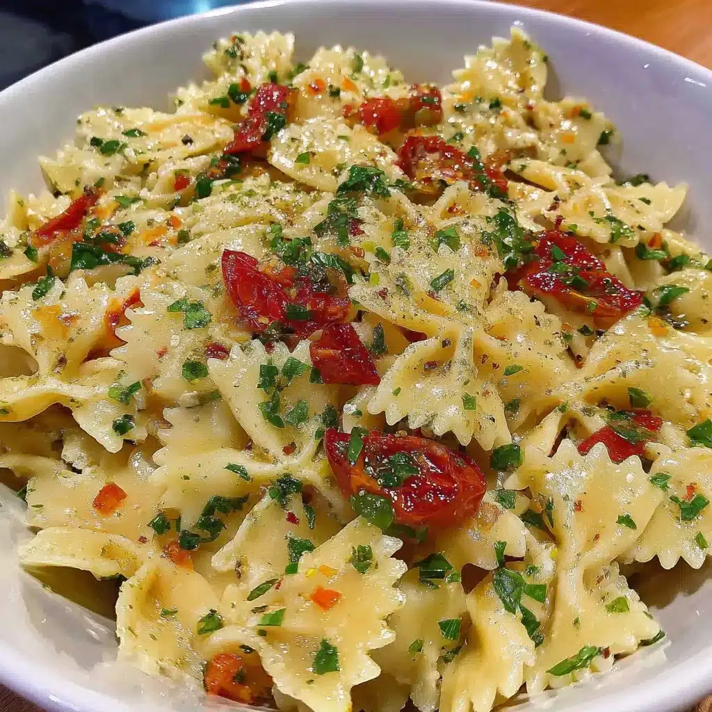 Colorful Italian Bow Tie Pasta Salad with fresh vegetables and dressing