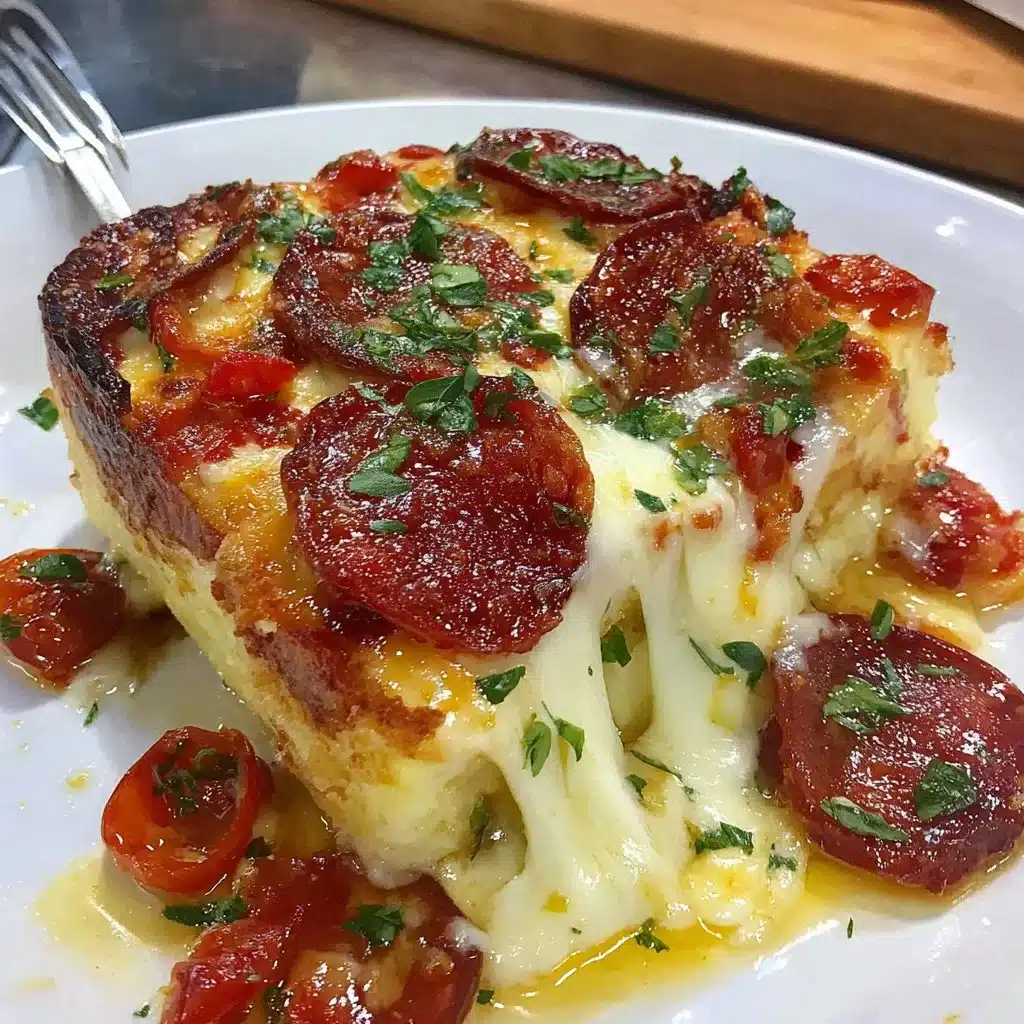 Low Carb Pizza Casserole topped with cheese and pepperoni, served hot.