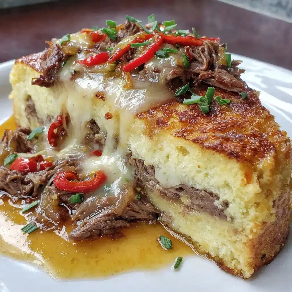 Delicious Philly Cheesesteak Casserole topped with melted cheese and peppers