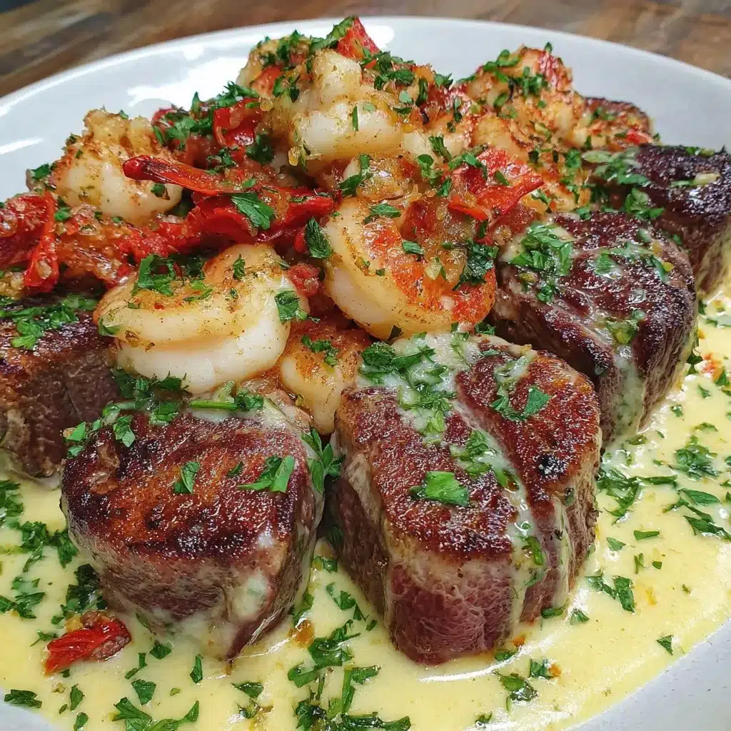 Delicious Surf and Turf topped with creamy garlic sauce served on a plate