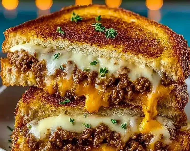 Ultimate Cheesy Ground Beef Melt topped with gooey cheese and delicious seasonings.