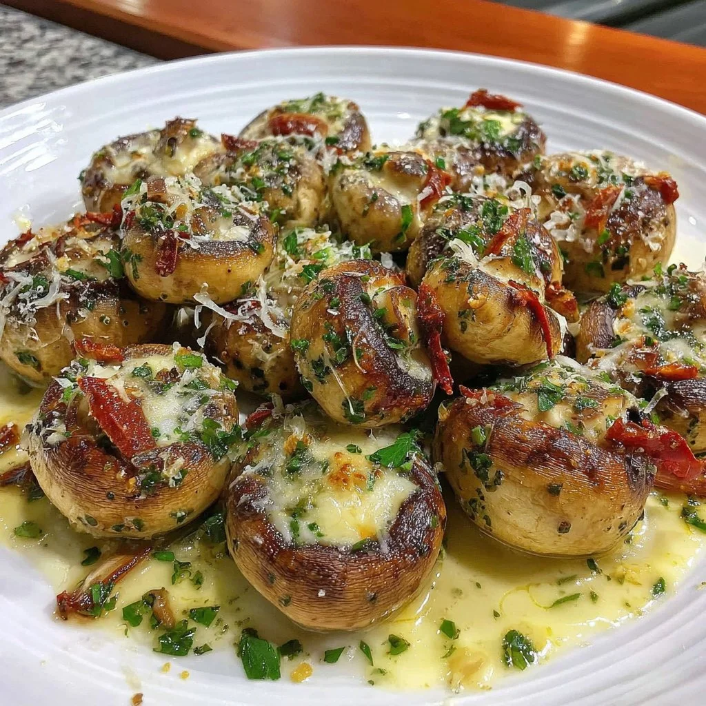 Air fryer garlic butter roasted mushrooms served in a bowl