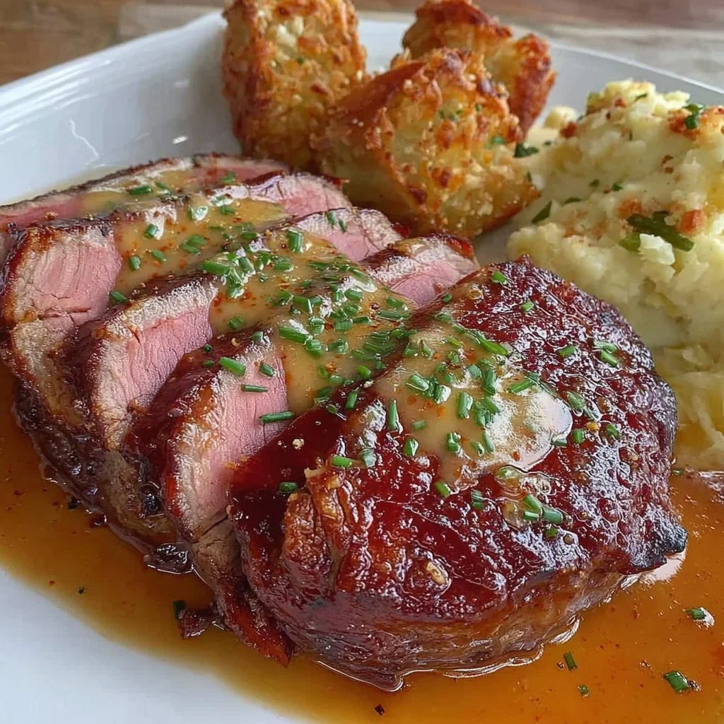 Juicy air fryer ham steak served on a plate with side vegetables