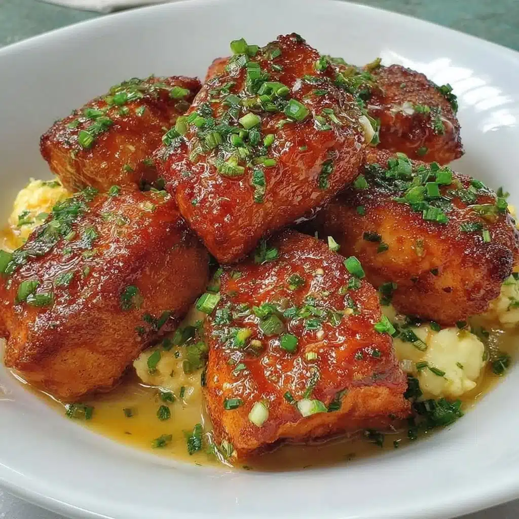 Air Fryer Honey Garlic Salmon Bites on a plate garnished with herbs