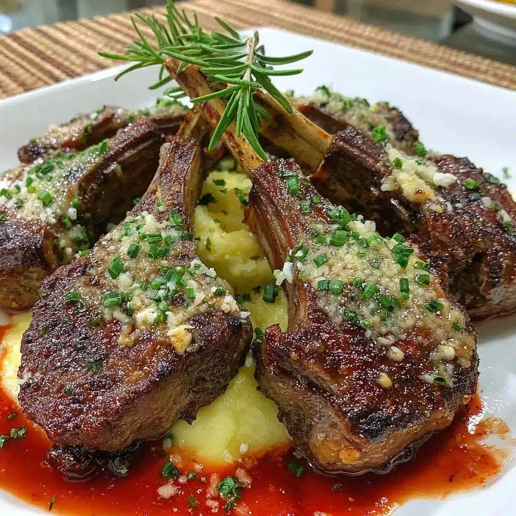 Air fryer lamb chops cooked to perfection, garnished with herbs.