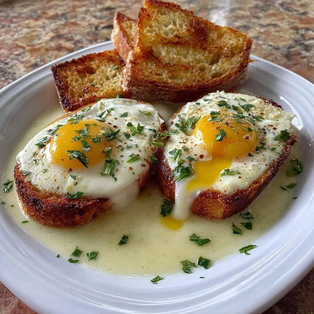 Air fryer poached eggs served on toast with herbs