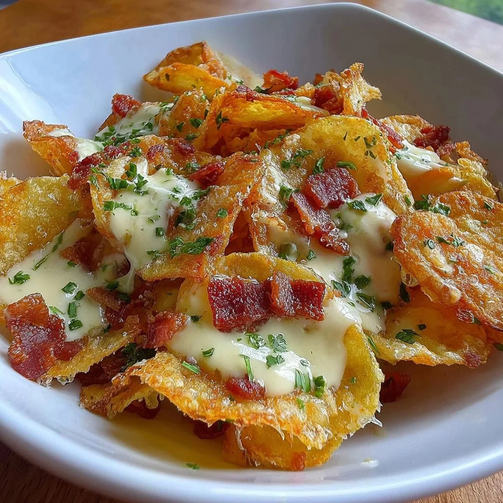 Air fryer potato chips in a bowl with a dip